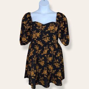 Black & Orange Floral Puffy Sleeve Dress